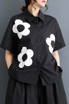 簡約可愛黑白花朵娃娃傘狀造型襯衫-逢甲女裝推薦