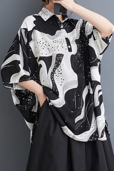 經典黑白藝術圖騰線條雪紡寬鬆造型上衣-逢甲女裝推薦