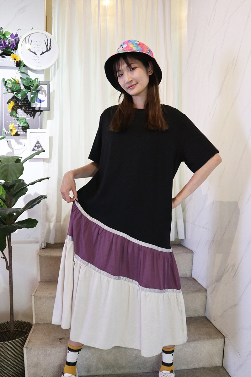 韓系優雅拼接紫黑色時尚休閒寬鬆洋裝-逢甲女裝推薦