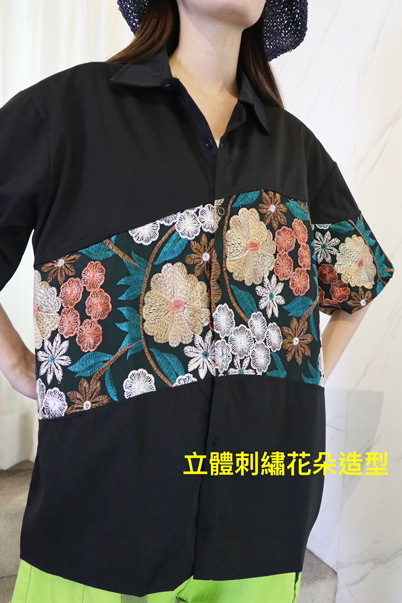 立體刺繡花朵個性街頭寬鬆造型襯衫-逢甲女裝推薦