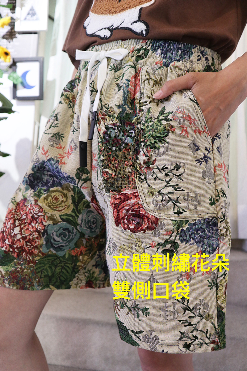 文青復古立體刺繡玫瑰花鬆緊腰短褲-逢甲女裝推薦